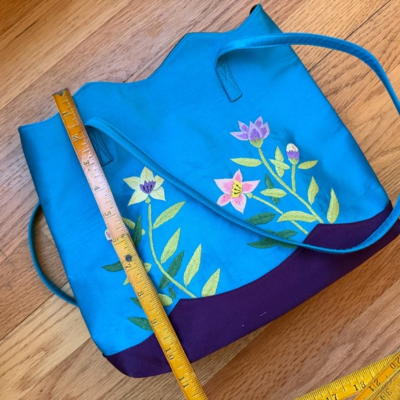 Floral Embroidered Blue Tote Bag - Picture 7 of 8
